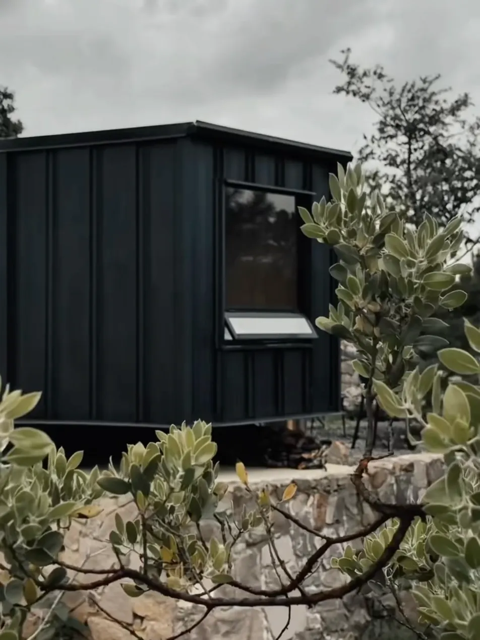 Cabaña prefabricada negra de IV Elementos entre vegetación