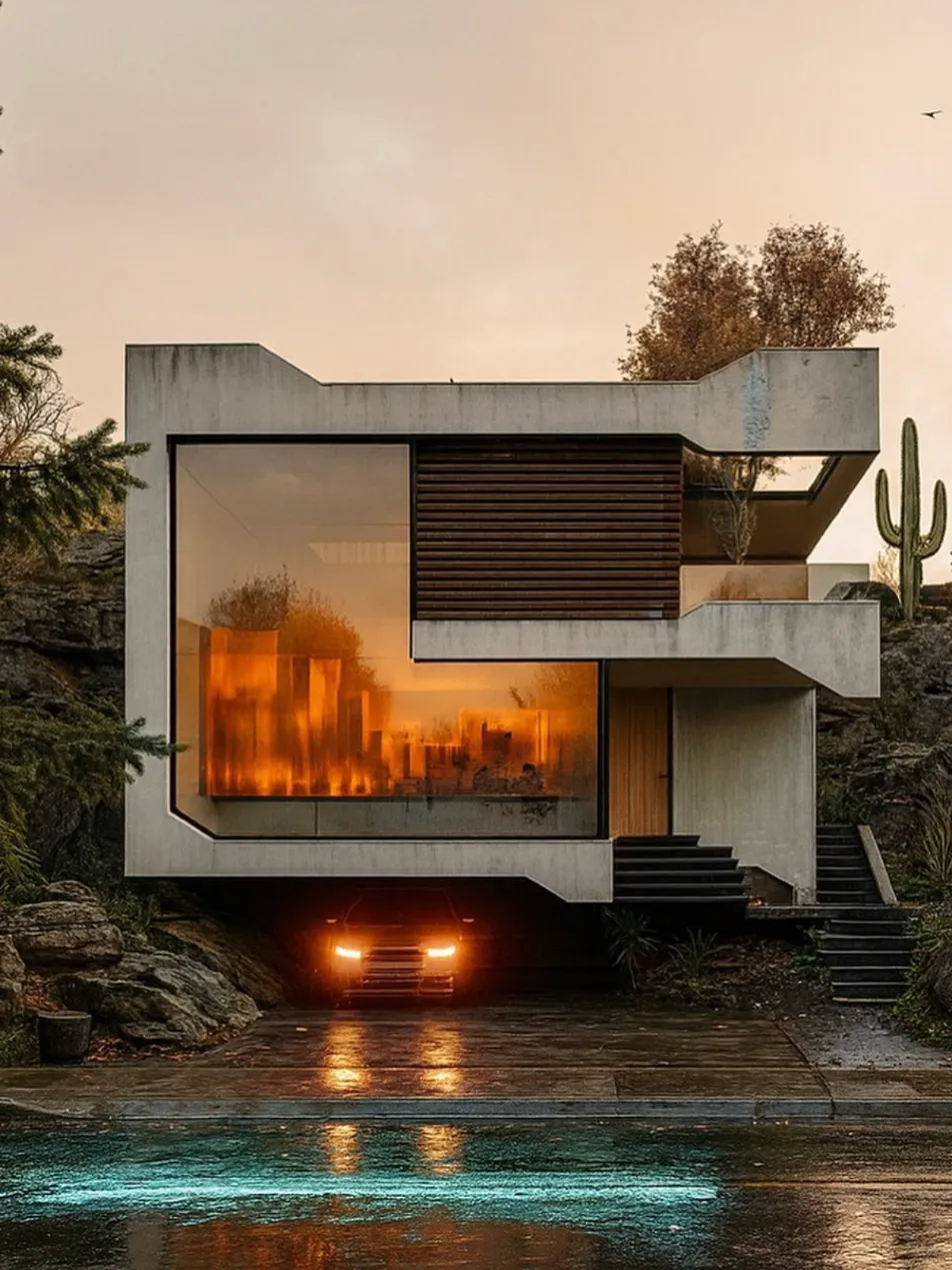 Render conceptual de casa de concreto con gran ventanal iluminado